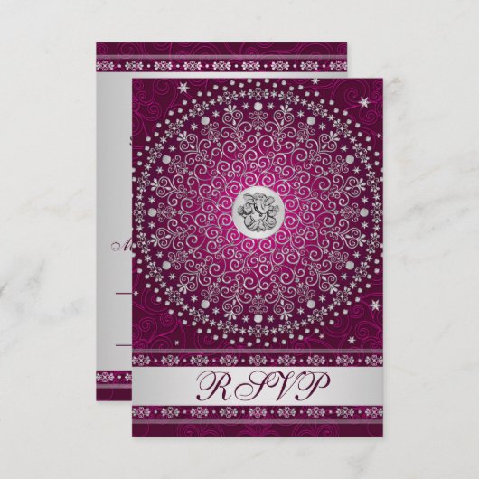 Hindu Ganesh Plum, Silver Scrolls Wedding RSVP Einladung (Vorne/Hinten)