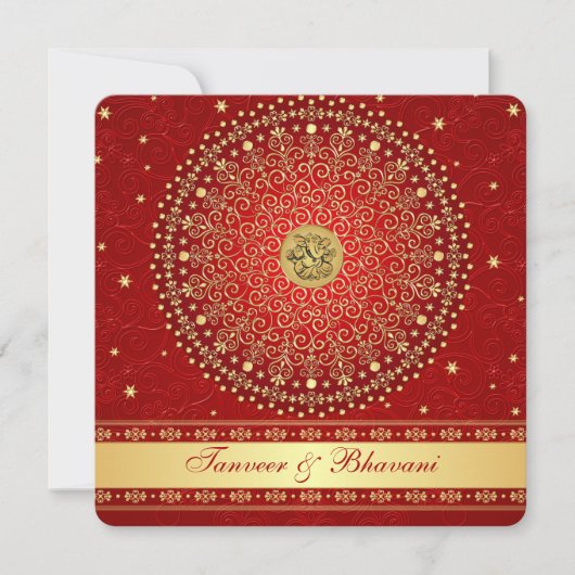Hindu Ganesh Red, Gold Scrolls Verlobung laden ein Einladung (Vorderseite)
