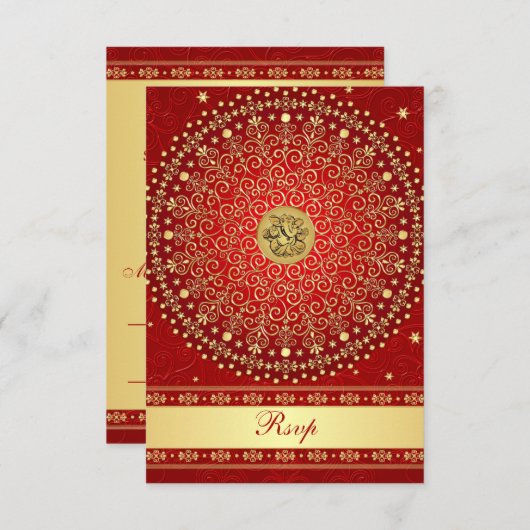 Hindu Ganesh Red Gold Scrolls Wedding RSVP Card (Vorne/Hinten)