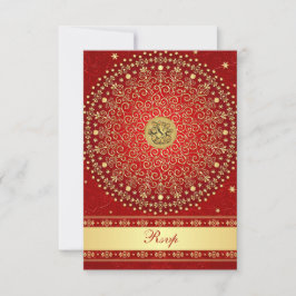 Hindu Ganesh Red Gold Scrolls Wedding RSVP Card Karte