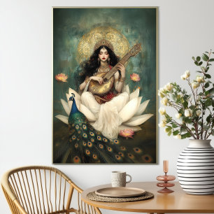 Hindu-Göttin Saraswati: Pfau Veena Lotus Poster