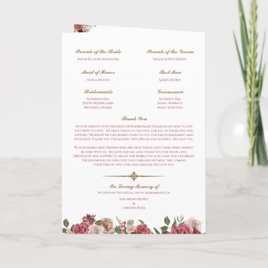 Hindu-Hochzeitfeier (Gold Rot Rosa) geklappt Programm (Rückseite)