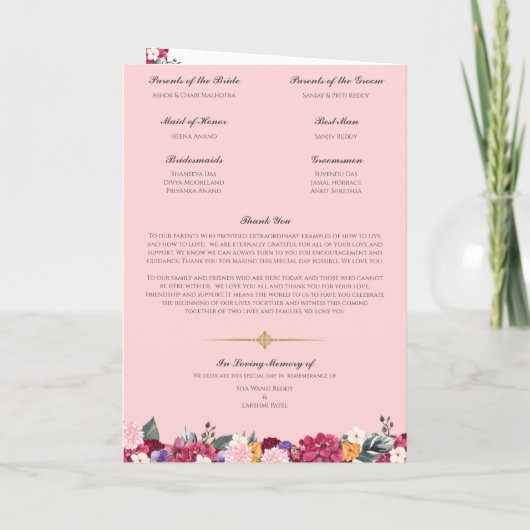 Hindu Hochzeitfeier Pink Tropical Floral Programm (Rückseite)