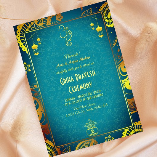 Hindu House Erwärmung Griha Pravesh Aquamarin Einladung