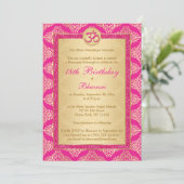 Hindu Magenta Pink, Gold Damask 18. Geburtstag Einladung (Stehend Vorderseite)
