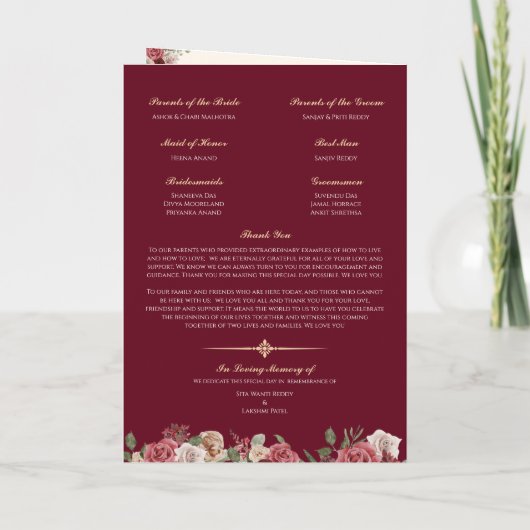 Hindu Wedding Ceremony Guide (Rot, Rosa Gold) Programm (Rückseite)