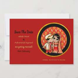 Hindu Wedding Einladungen Red Gold Cartoon Couple