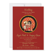 Hindu Wedding Einladungen Red Gold Cartoon Couple
