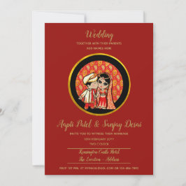 Hindu Wedding Einladungen Red Gold Cartoon Couple