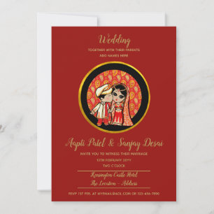 Hindu Wedding Einladungen Red Gold Cartoon Couple