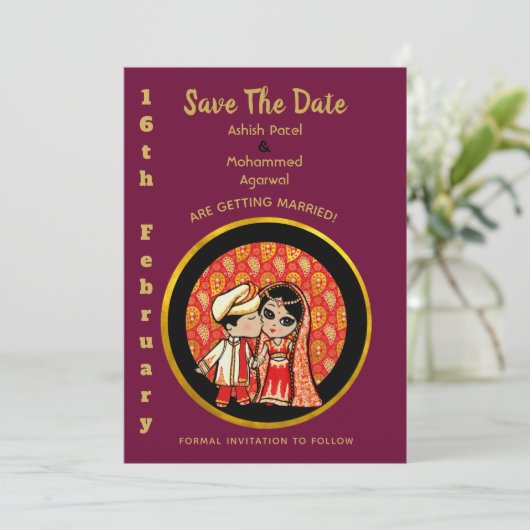 Hindu Wedding Einladungen Red Gold Cartoon Couple (Stehend Vorderseite)