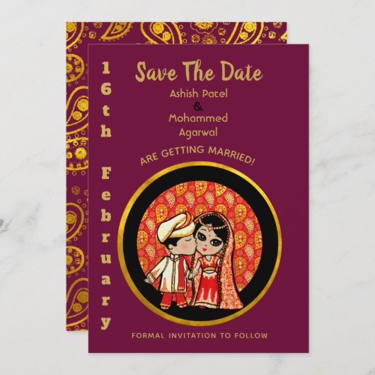 Hindu Wedding Einladungen Red Gold Cartoon Couple (Vorne/Hinten)