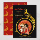 Hindu Wedding Einladungen Red Gold Cartoon Couple (Vorne/Hinten)