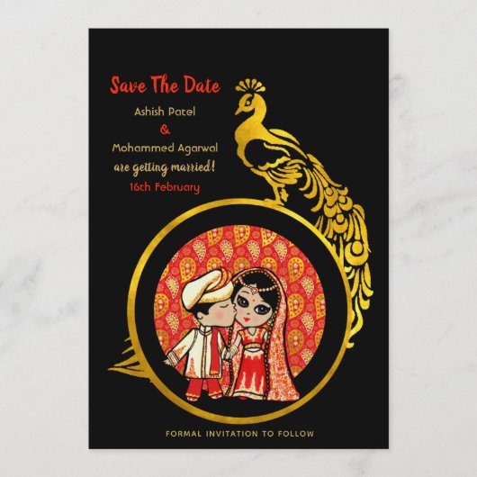 Hindu Wedding Einladungen Red Gold Cartoon Couple (Vorderseite)