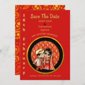 Hindu Wedding Einladungen Red Gold Cartoon Couple (Vorne/Hinten)
