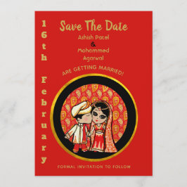 Hindu Wedding Einladungen Red Gold Cartoon Couple