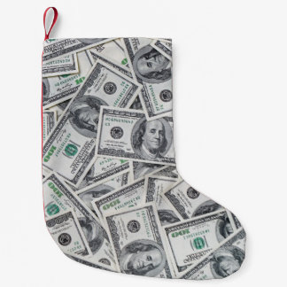 Hintergrund 100 Dollar Rechnungen. Kleiner Weihnachtsstrumpf