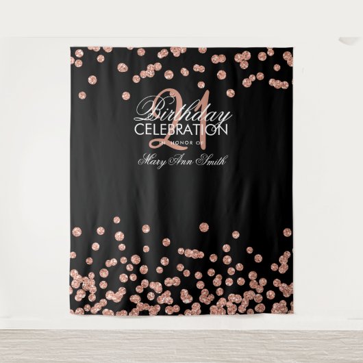 Hintergrund 21. Geburtstag Rose Gold Black Confett Wandteppich (Vorderseite)