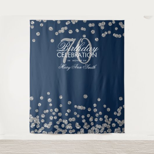 Hintergrund 70. Geburtstag Silver Navy Blue Confet Wandteppich (Vorderseite)