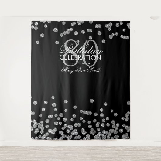 Hintergrund 80. Geburtstag Silver Black Confetti Wandteppich (Vorderseite)