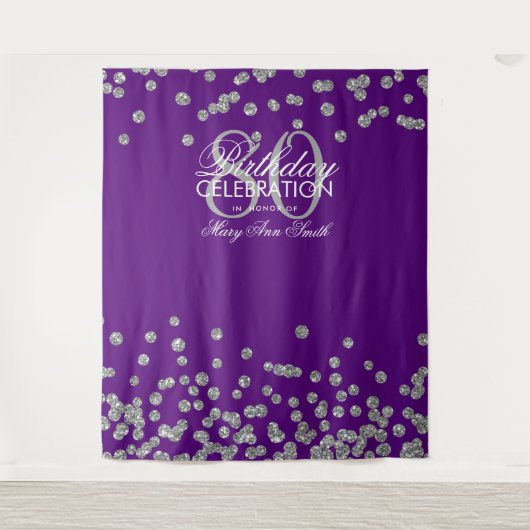 Hintergrund 80. Geburtstag Silver Lila Confetti Wandteppich (Vorderseite)