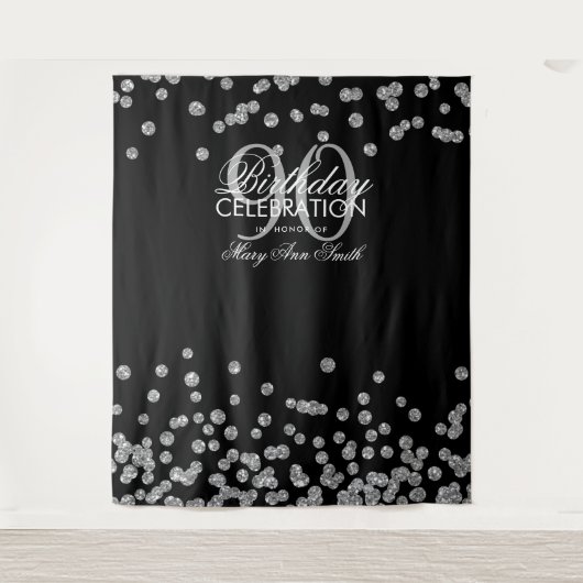 Hintergrund 90. Geburtstag Silver Black Confetti Wandteppich (Vorderseite)