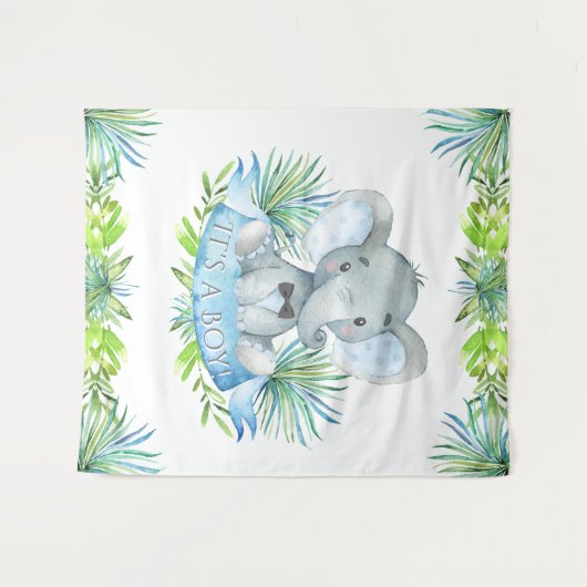 Hintergrund der Babydusche Boy Elephant Wandteppich (Vorderseite (Horizontal))