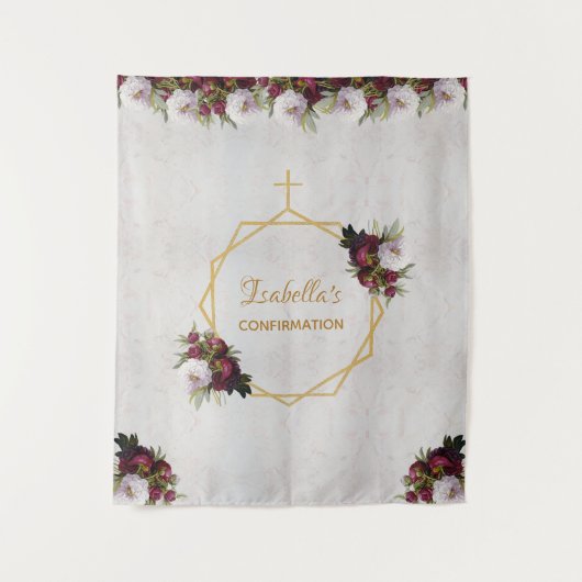 Hintergrund der Bestätigung Gold Burgundy Peonies Wandteppich (Vorderseite)