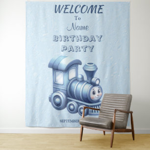 Hintergrund der Blue Train Birthday Party Wandteppich