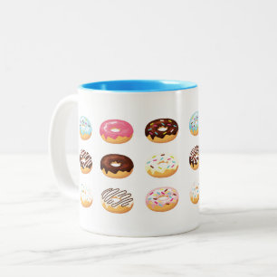 Hintergrund der farbenfrohen Donuts Zweifarbige Tasse