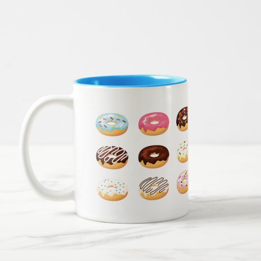 Hintergrund der farbenfrohen Donuts Zweifarbige Tasse (Links)
