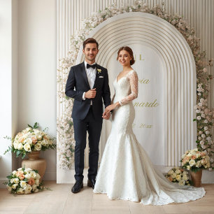 Hintergrund der Hochzeitskabine mit weißem Blumenb Wandteppich