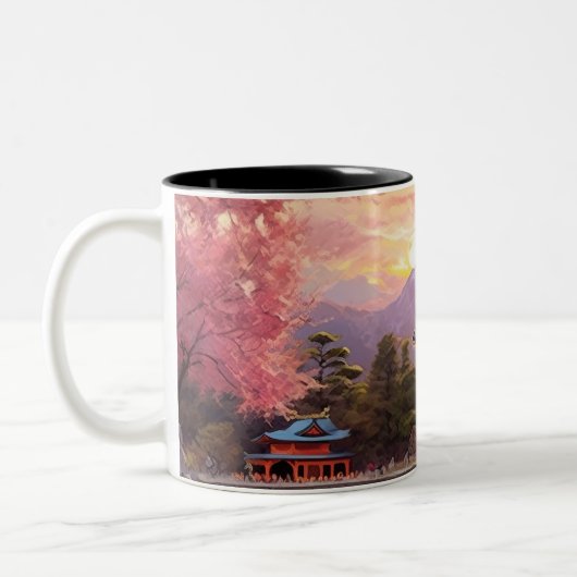 Hintergrund der japanischen Landschaft mit Wasserf Zweifarbige Tasse (Links)