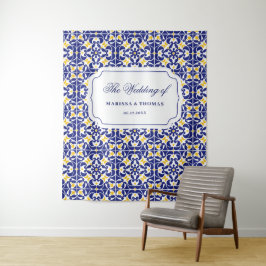 Hintergrund der mediterranen Tiles Blue & Yellow W Wandteppich
