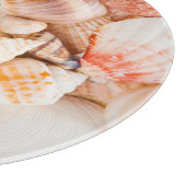 Hintergrund der Muscheln: Meeresthema. Schneidebrett (Ecke)