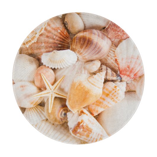 Hintergrund der Muscheln: Meeresthema. Schneidebrett (Vorderseite)