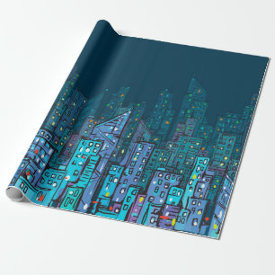 Hintergrund der nächtlichen Stadtlandschaft. Handg Geschenkpapier