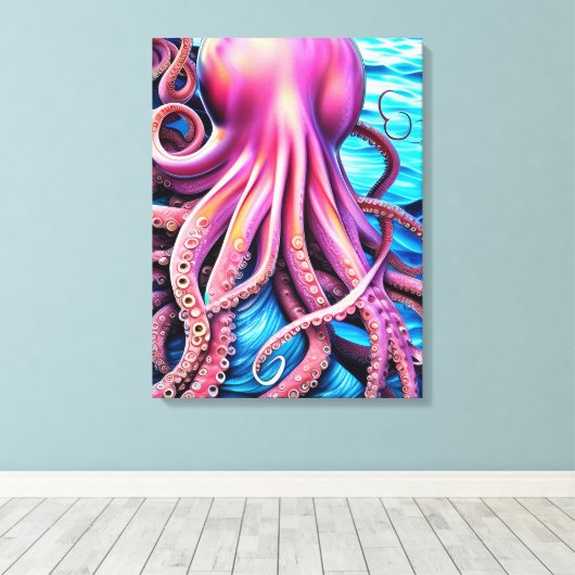 Hintergrund der rosa Octopus Blue Ocean Wave Leinwanddruck (Insitu (Holzboden))