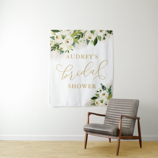 Hintergrund des Brautparty mit weißer und goldfarb Wandteppich (Beispiel)