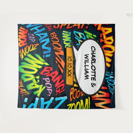 Hintergrund des Fun Comic Book Wedding Foto Booth Wandteppich (Vorderseite (Horizontal))