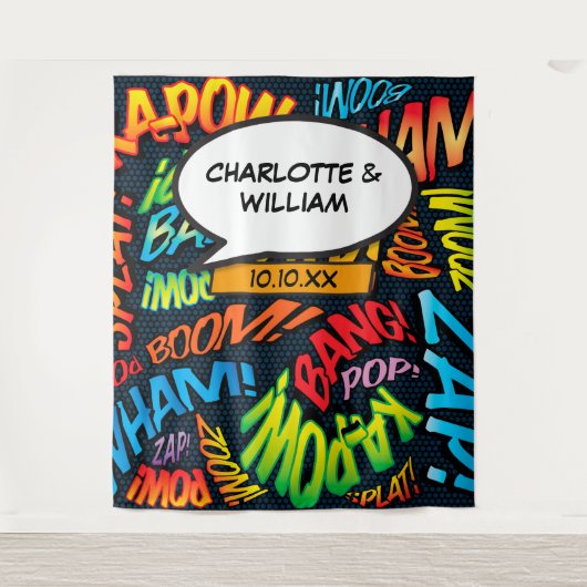 Hintergrund des Fun Comic Book Wedding Foto Booth Wandteppich (Vorderseite)