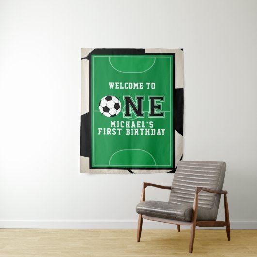 Hintergrund des Fußballs erster Geburtstag Wandteppich (Beispiel)