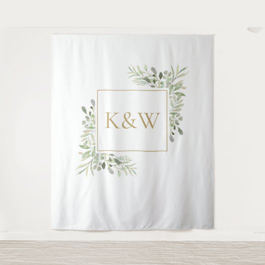Hintergrund des Gold Monogram Greenery Foto Booth Wandteppich (Vorderseite)