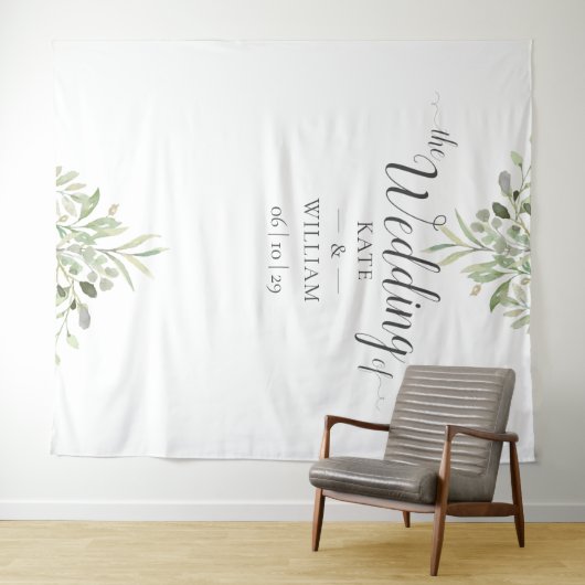 Hintergrund des Greenery Script Wedding Foto Booth Wandteppich (Beispiel (Horizontal))