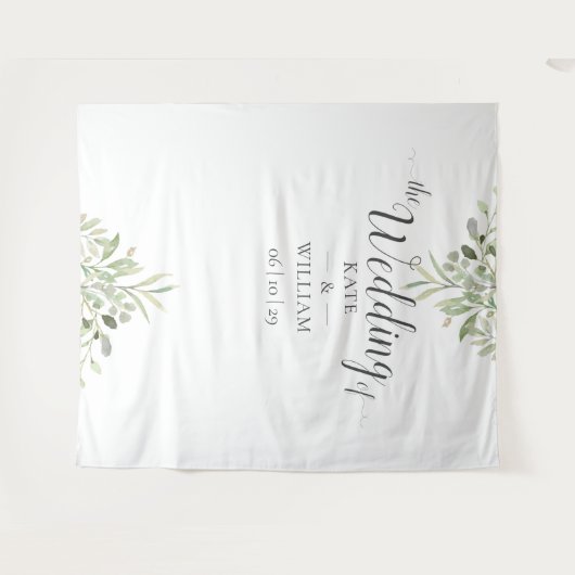 Hintergrund des Greenery Script Wedding Foto Booth Wandteppich (Vorderseite (Horizontal))