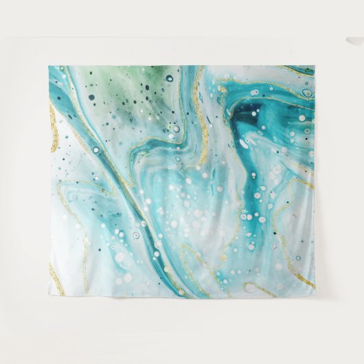 Hintergrund des Inky Splash Aquamarin Marble Gold Wandteppich (Vorderseite (Horizontal))