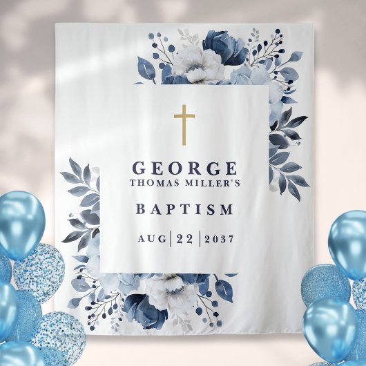 Hintergrund des navy-Blue-Botanischen Taufen-Fotos Wandteppich