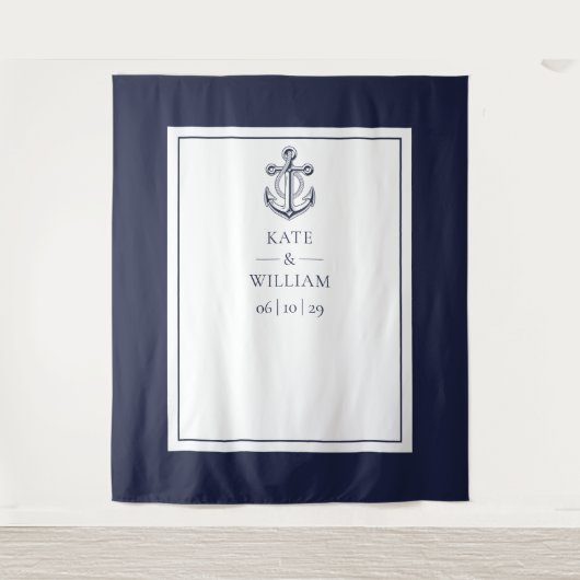 Hintergrund des Navy Blue Nautical Wedding Foto Bo Wandteppich (Vorderseite)