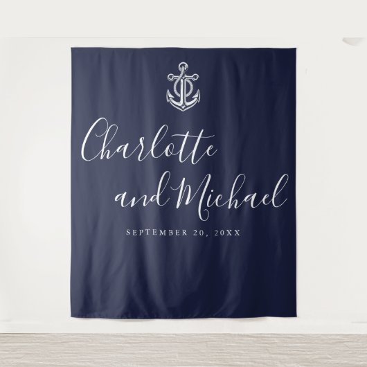Hintergrund des Navy Blue Nautical Wedding Foto Bo Wandteppich (Vorderseite)