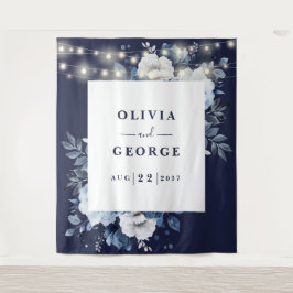 Hintergrund des Navy Blue String Light Floral Foto Wandteppich